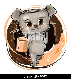 The mouse treats with coffee. Cartoon flat style. Young animal cub with a mug. A cute baby offers a hot morning drink with frothy. The isolated object Stock Vector