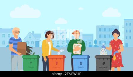 People sorting garbage for recycling in city street. Responsible men and women stand near dustbin and utilize trash and rubbish in different containers for waste utilization. Stop pollution concept Stock Vector