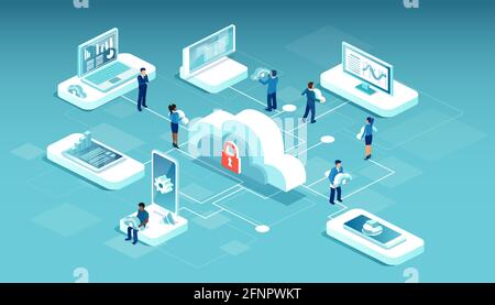 Vector of men and women using web cloud service Stock Vector