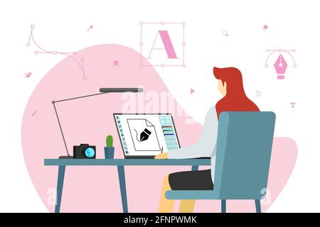 Woman graphic designer freelancer sits working at laptop in workplace. Female freelance creative specialist or advertising agency studio employee develops design layout on monitor screen illustration Stock Vector