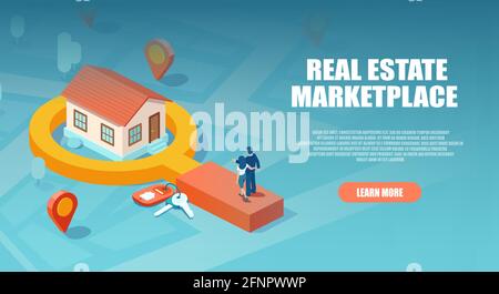 Isometric vector of a young couple searching a new home to buy Stock Vector