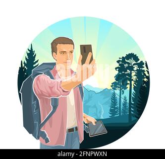 Selfie. Cute boy tourist with smartphone and tablet. Backpack. Against the background of the landscape. Mountains, taiga, northern forest. A man on a Stock Vector
