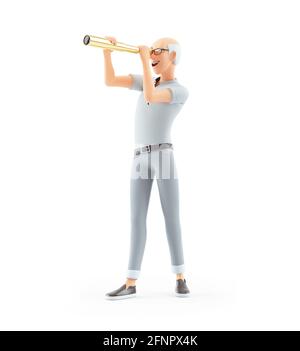 3d senior man looking through telescope, illustration isolated on white background Stock Photo