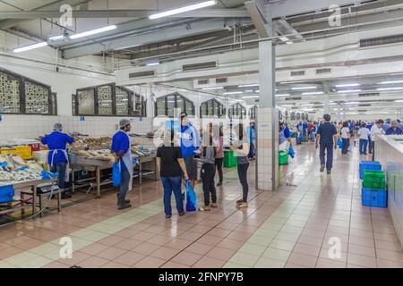 ABU DHABI, UAE - MARCH 9, 2017: Fish stalls at Al Mina fish market in Abu Dhabi. Stock Photo