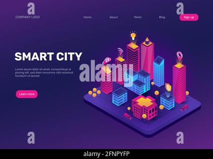 Isometric smart city landing page. Futuristic cityscape with abstract neon future buildings. Intelligent building technology vector web concept. Innovative digital town page design Stock Vector