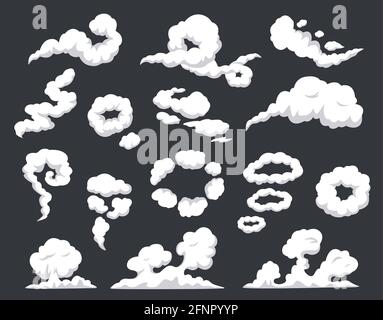 Comic smoke. Swirling clouds, puff of wind, steam, smog, dust, fog. Smoking vapors, fire smokes explosion blast cloud effect cartoon vector set. Fume trails, cigarette rings and swirls Stock Vector