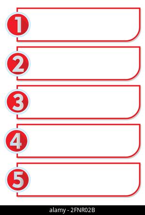 Workflow in five steps with numbers one, two, three, four, five stairs in red circle labels Stock Vector