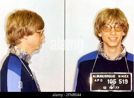 BILL GATES American internet businessman in a police mugshot from December 1977 when he was arrested in Albuquerque, New Mexico, in connection with a driving offence Stock Photo