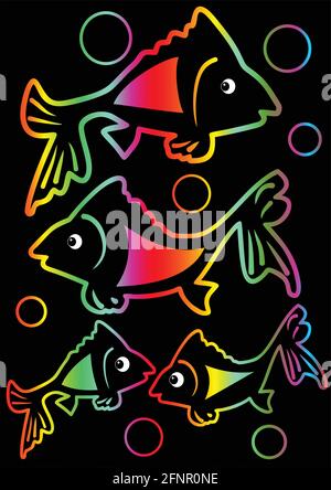 Cheerful rainbow neon tricksy fishes on black background Stock Vector