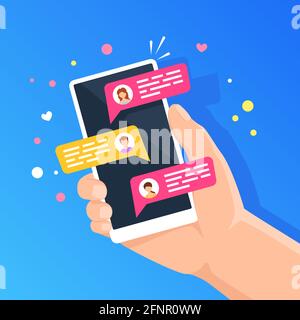 Phone with online chat. People chatting in smartphone messenger. Holding cellphone with chat bubbles, new text message notification vector concept. Woman and man communicating in application Stock Vector