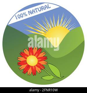 Label for 100 percent natural product from ecological environment with colorful flower in landscape with mountain and sun Stock Vector