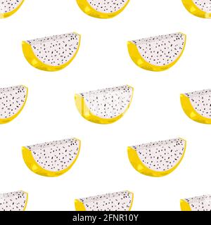 Seamless pattern with fresh cut slices yellow pitaya fruits isolated on white background. Summer fruits for healthy lifestyle. Organic fruit. Cartoon Stock Vector
