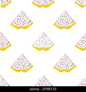 Seamless pattern with fresh cut slices yellow pitaya fruits isolated on white background. Summer fruits for healthy lifestyle. Organic fruit. Cartoon Stock Vector