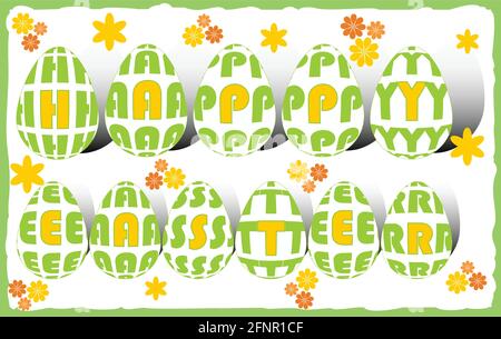 Happy easter billboard with letters in eggs and small flowers in grunge frame in yellow and green colors Stock Vector