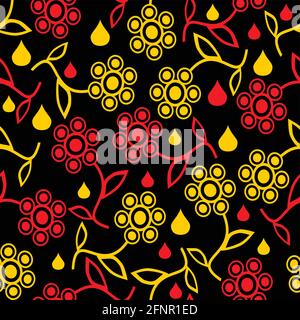 Seamless dark background tile with floral and drop motif in red and yellow Stock Vector