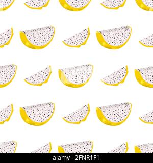 Seamless pattern with fresh cut slices yellow pitaya fruits isolated on white background. Summer fruits for healthy lifestyle. Organic fruit. Cartoon Stock Vector