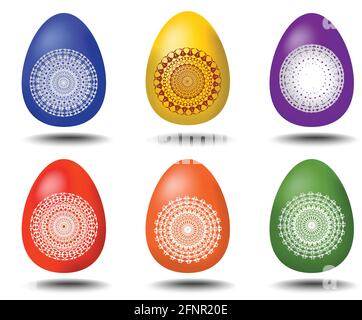 A set of six colored eggs with geometric patterns and shadows for easter design Stock Vector