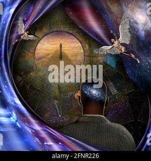 Surrealism. Man walks on stone road to heaven. Men with white wings represent angel and man with galaxy thoughts. 3D rendering Stock Photo