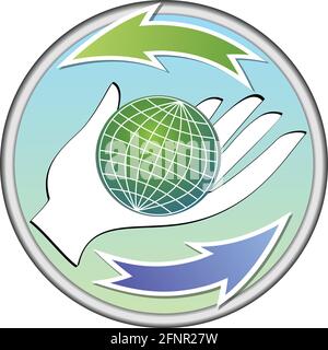 Ecologic circle emblem with a globe on palm and two arrows Stock Vector