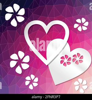 Modern deep purple decorative background with heart and flowers cut out of paper on triangle area Stock Vector