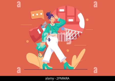 Happy woman walks from store Stock Vector