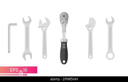A set of spanners. Ratchet wrench, hexagon wrench, adjustable wrench, ordinary wrench. Realistic design. On a white background. Devices for the Stock Vector