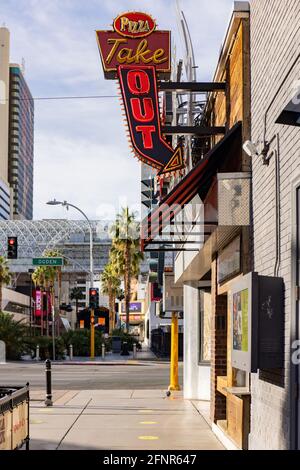 Las Vegas, FEB 15, 2021 - Sunny exterior view of some building at Downtown Las Vegas Stock Photo