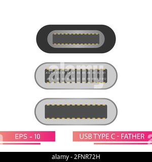 USB type C-front view of the father connector in a realistic design. On a white background. Flat vector illustration. Stock Vector