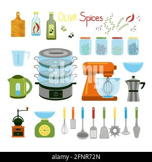 Kitchen items, kettle, mixer, geyser coffee maker, steamer, captive and various spatulas for cooking, spices in jars and olive oil, vector clipart in Stock Vector
