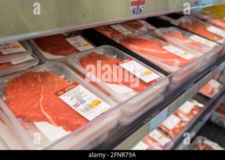 british lamb shoulder prepacked and wrapped in cling film for sale on shelves at supermarket, Morrisons, London Stock Photo
