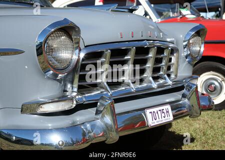 East Kurrajong, NSW, Australia - 16 May 2021. The front of a vintage Holden FC showing the detail of the grill, lights and bumper. Stock Photo