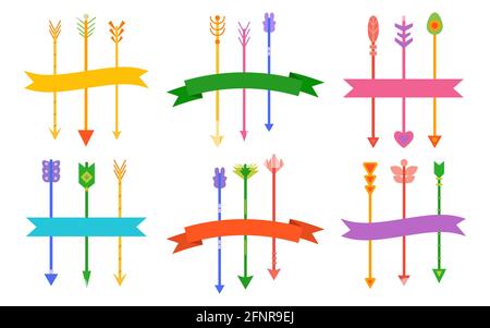 Arrow bow with ribbon colored vector flat set for postcards, stickers, t-shirts, notepads, notebook isolated on white background. Hand weapon with feathers in different styles indian, boho, hipster. Stock Vector