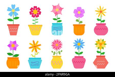 Bright retro colored flat vector flowers in pots for the design of cups, plates. Decor vintage elements for a room or gardening. Stickers. Scrapbooking. Shop design. For a child book Stock Vector