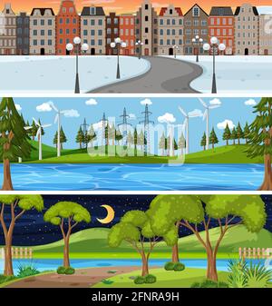 Set of three different nature horizontal scenes illustration Stock Vector