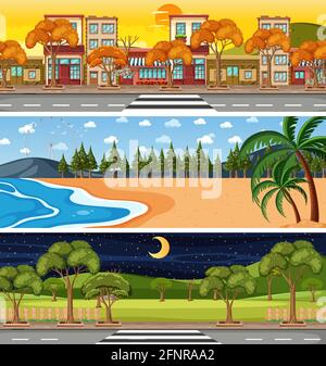 Set of different nature horizontal scenes illustration Stock Vector