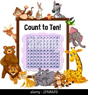 Counting number 1-100 board with wild animals illustration Stock Vector