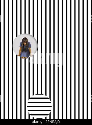 A girls leans out of an opening created in a wall of stripes. A circle of stripes that was cut out is seen on the floor. This is a 3-D illustration ab Stock Photo