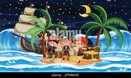Treasure Island scene at night with Pirate kids illustration Stock ...