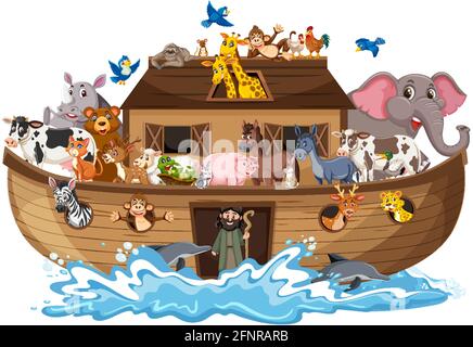 Noah's Ark with Animals on water wave isolated on white background ...