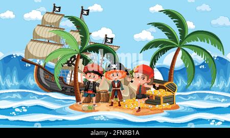 Treasure Island scene at daytime with Pirate kids on the ship ...