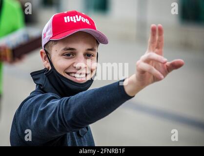 Indianapolis, United States. 18th May, 2021. Santino Ferrucci waves as he heads out for practice for the 2021 Indianapolis 500 on Tuesday, May 18, 2021 in Indianapolis, Indiana. Photo by Edwin Locke/UPI Credit: UPI/Alamy Live News Stock Photo