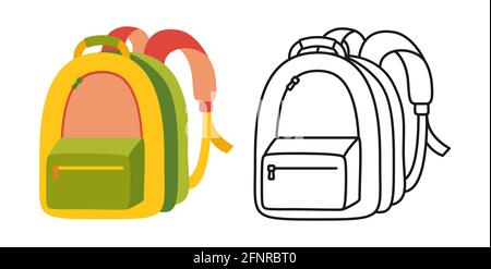 Kid backpack flat cartoon set line icon. Childish schoolbags student study supplies. Back to School hand drawn cartoon sign. Education or working workspace concept icon kit. Vector illustration Stock Vector