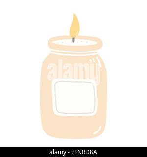 Burning aroma candle in a jar isolated on white background. Cute vector hand-drawn illustration in cartoon style. Aromatherapy, relaxation design element. Suitable for cards, logo, decorations. Stock Vector