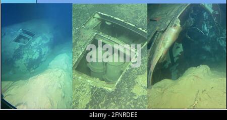 (210519) -- DENPASAR, May 19, 2021 (Xinhua) -- A handout photo made available by the Indonesian Navy and taken by a remotely operated vehicle (ROV) shows the sunken Indonesian Navy submarine KRI Nanggala-402 in Denpasar, Bali, Indonesia, May 18, 2021. The Indonesian Navy, with the assistance of China's People's Liberation Army Navy, has managed to lift a life raft and other fragments belonging to the sunken Indonesian submarine KRI Nanggala-402 in the Bali waters. (Indonesian Navy/Handout via Xinhua) Stock Photo
