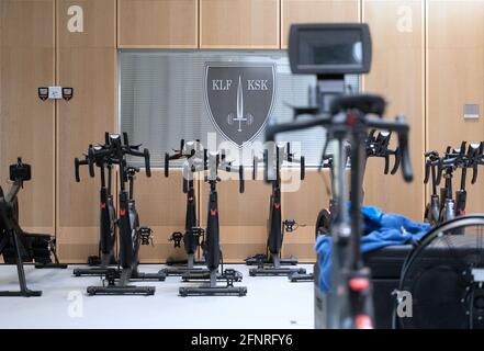 Calw, Germany. 10th May, 2021. Spinning bikes stand in the multifunctional training hall of the German Armed Forces Special Forces Command (KSK) at the KSK site. Credit: Marijan Murat/dpa/Alamy Live News Stock Photo