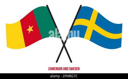 Cameroon and Sweden Flags Crossed And Waving Flat Style. Official Proportion. Correct Colors. Stock Photo