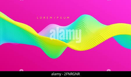3D wavy background. Array with dynamic emitted particles. A wave formed from many spheres. Abstract vector illustration. Design template. Modern patte Stock Vector