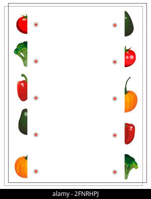 puzzle game for kids, pick the right half, vegetables tomato, broccoli, pepper, avocado, pumpkin. vector isolated on a white background Stock Vector