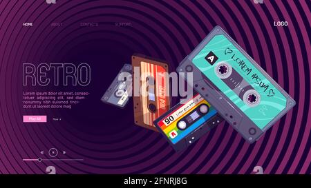 Retro mixtapes cartoon landing page with audio mix tapes falling into hypnotic pattern. Cassettes, media or music store ad in vintage style, analog multimedia devices, Vector illustration Stock Vector