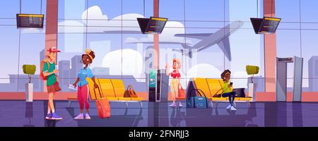 Airport terminal with waiting people, chairs, luggage, security scanner and schedule display. Vector cartoon interior of departure area with seats, metal detector, vending machine and view to plane Stock Vector